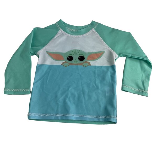 Star Wars Rash Guard Long Sleeve Shirt 12 Months Baby Yoda Grogu Green UPF 50+ - Picture 1 of 12
